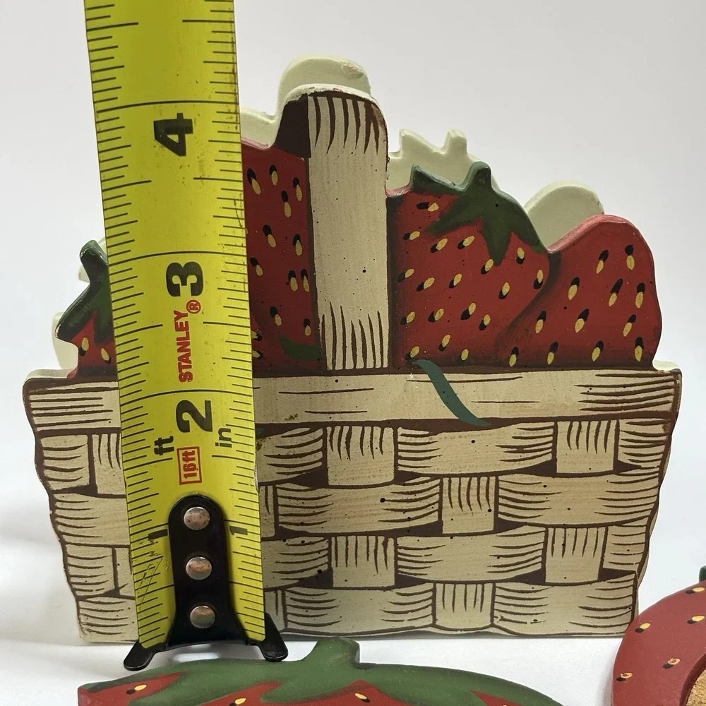 Vintage Wooden Strawberry Cork Coasters In Basket (4) Cottage Core Farmhouse